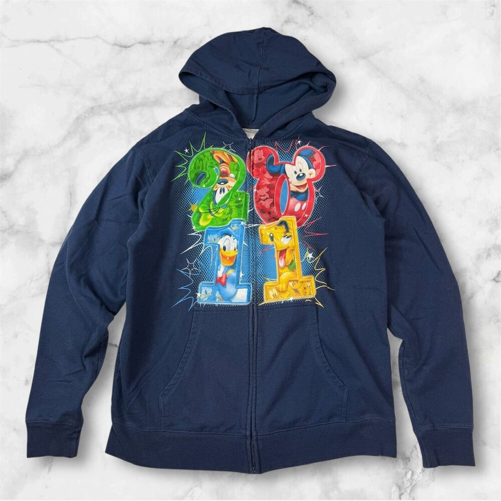 Disney 2011 Full Zip Up Hoodie Jacket Navy Blue Medium Mickey Goofy Donald Pluto